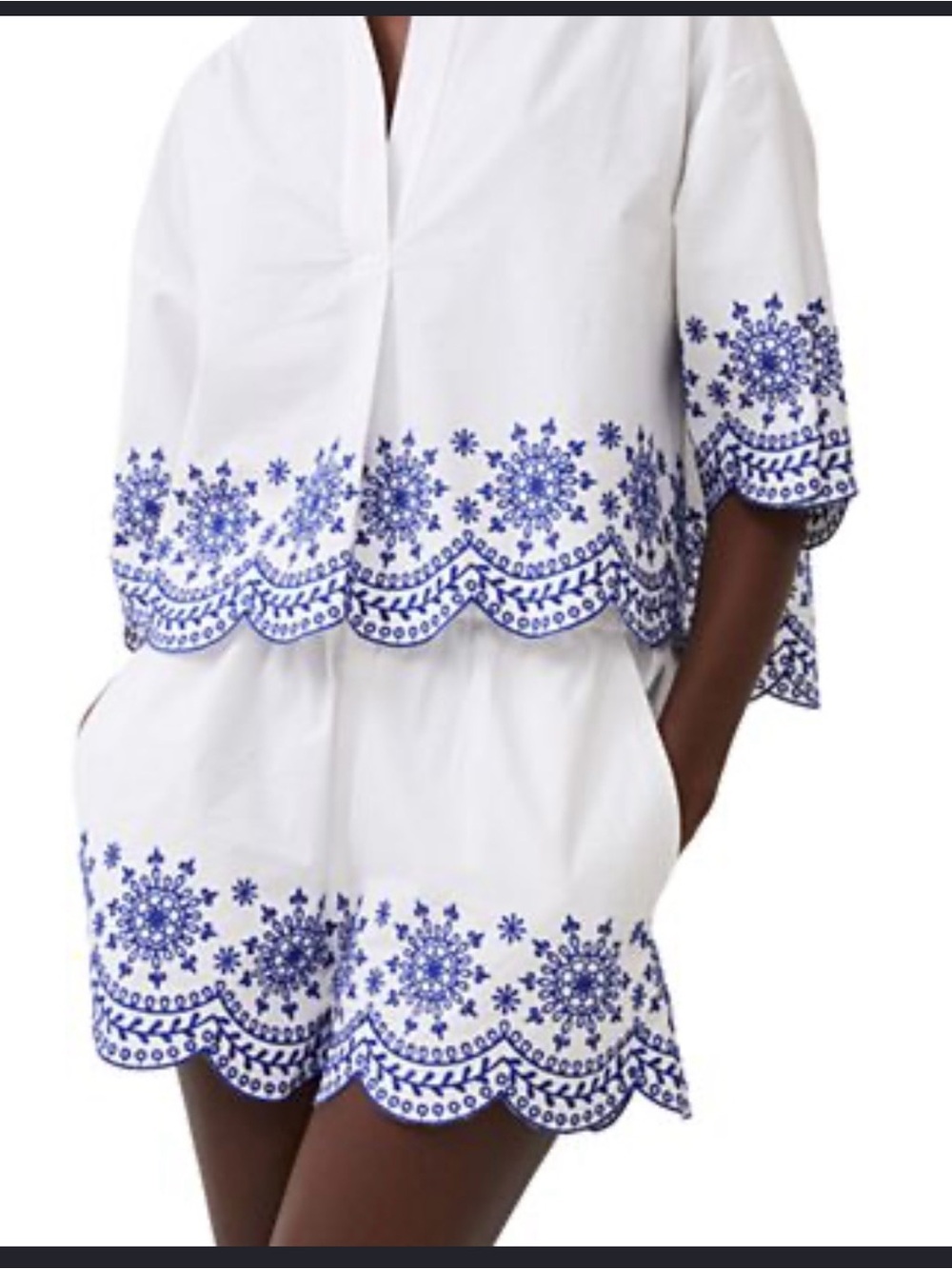 French Connection White Shorts set with Blue Embroidered Scallop Hem